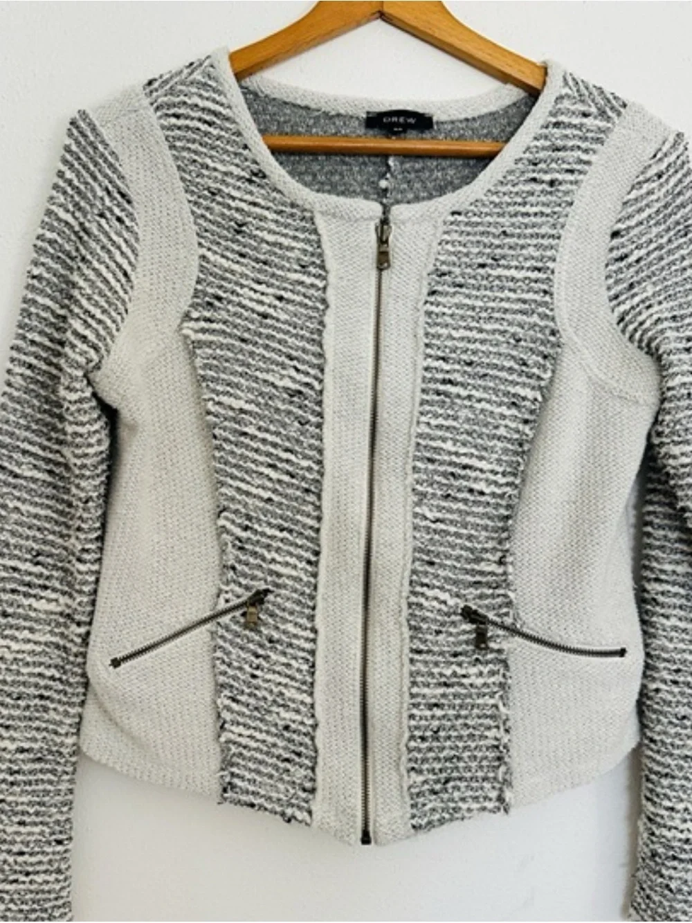 Grey & White Knit Zip-Front Jacket